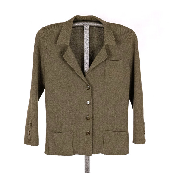 Vintage 80s Helen Hsu Classic Knit Cardigan Women's MEDIUM Olive Green Modest - Picture 1 of 6